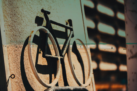 Abstract artistic background with vintage two wheeler bike on seaside background. Traveling to a beach in summer. Double exposure. Summertime ride.の写真素材