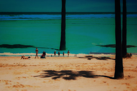 Unrecognizable people on summer beach under palm trees Sea, ocean shore, seaside. Summertime vacations, holidays Surrealistic postcard Double exposureのeditorial素材