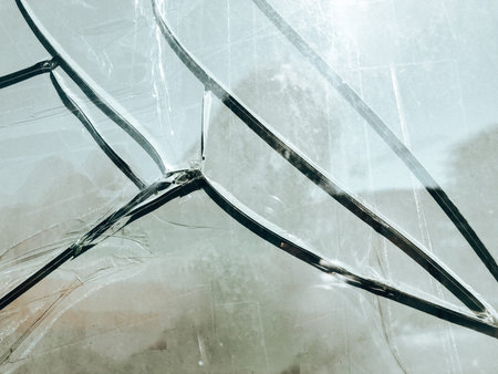 Abstract background with deep cracks on glass, worn window surface. Broken window's surface. Visible...
