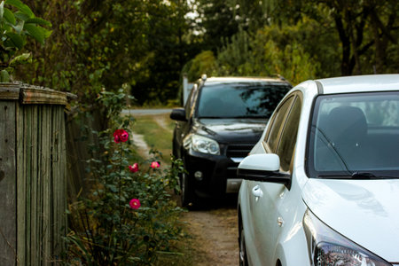 Side view of cars parked one after another on a country road, village street in twilight. Gray car window. A walk path going into a distance. Drivewayの写真素材
