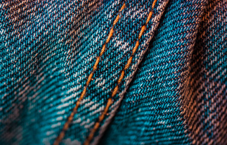 Abstract blue jeans texture. Close up denim fabric. Casual clothes in unisex style. Stitch with yellow threads macro photo. Stitching on grunge jeans.の写真素材
