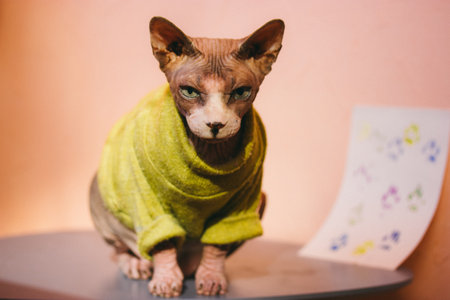 Bald cat of Canadian Sphynx breed dressed in green yellow warm sweater is standing on a table and looking at the camera. Stylish sphinx cat kitty pet.の写真素材