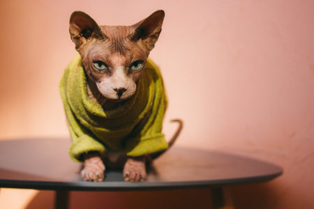 A hairless cat dressed in a green sweater is sitting on a table. Portrait of a cat in a home...
