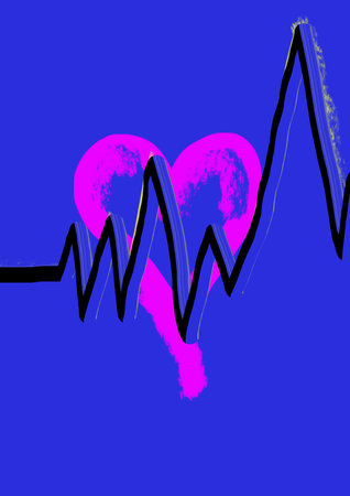 Pink heart and heart beats with cardiogram on deep blue vertical background. Fall in love, Saint Valentine's Day concept. Health care, cardiology.の写真素材
