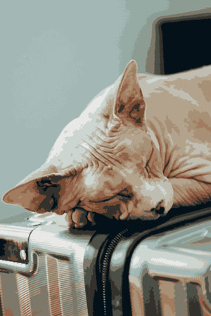 Bald Canadian Sphynx cat sleeping peacefully on a suitcase. Good night, dreamy pet. Travel with cats. Hairless mascot indoors. Vertical illustrationの写真素材