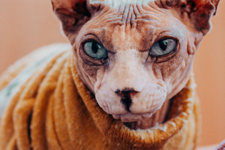 Close up portrait of hairless Canadian sphinx cat with blue eyes and direct look. Feline pet in warm yellow sweater. Serious cat's muzzle. Sphynx cat.の写真素材