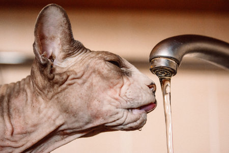 A muzzle of the bald Canadian Sphynx cat drinking water from the tap. Stream of clean water. The pet...