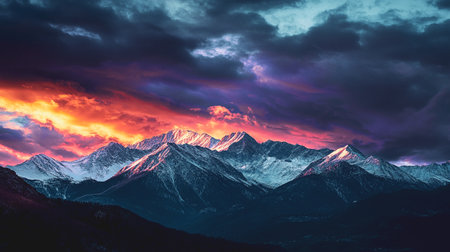 Snowy tops of high mountains and majestic purple sunset sky. Mountain landscape with dark clouds on the skyline. Fantastic cloudscapes. Winter nature.の素材