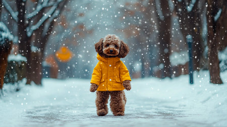 Brown cute funny curly poodle on a walk in yellow clothes in winter snowy weather. Dog in the snow. A walk with a pet, domestic animal in snowfall.の素材