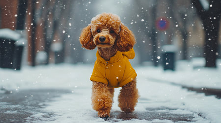 Brown cute funny curly poodle on a walk in yellow clothes in winter snowy weather. Dog on a walk, a pet, domestic animal in snowfall on city street.の素材