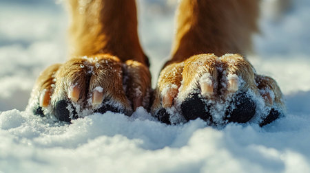 Close up paws of a big brown dog standing on the cold snow on a frosty winter day. A pet walking in the nature. Canine domestic animal cropped photo.の素材