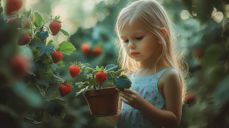 A cute little girl with a pot of strawberries in a garden in the summer Child gardener harvesting berries in summertime. Farmer kid picking up berriesの素材