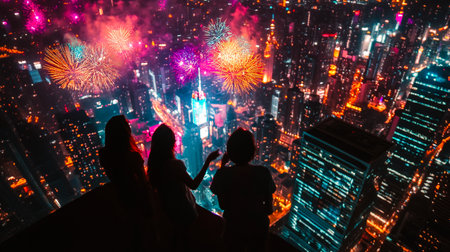 Silhouettes of people standing on a balcony terrace of a skyscraper overlooking the metropolis and watching the fireworks flashes in the night sky.の素材
