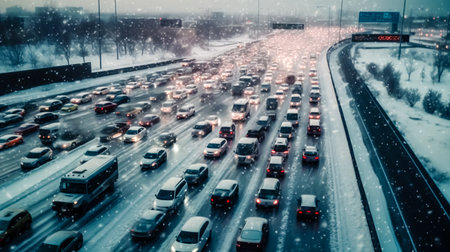 A lot of cars driving in blizzard winter storm in the evening. Aerial view on the road in winter. Slippery high way scenic view Trip in snowstormの素材