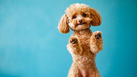 Funny toy poodle stands on hind legs raising his paws up on a blue background Banner with space for text. Cheerfully dancing puppy, pup, doggy has funの素材