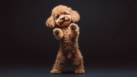 Funny toy poodle stands on hind legs raising his paws up on a black background Banner with space for text. Cheerfully dancing puppy, pup doggy has funの素材