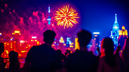 Silhouettes of people on a balcony terrace of a skyscraper overlooking the metropolis, watching the multicolored fireworks flashes in the night sky.の素材