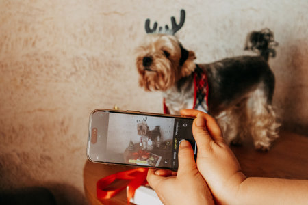 Funny Yorkshire terrier trying on reindeer antlers on Christmas holidays. New Year's costume for the dog. The owner takes a picture of the puppy doggyの写真素材