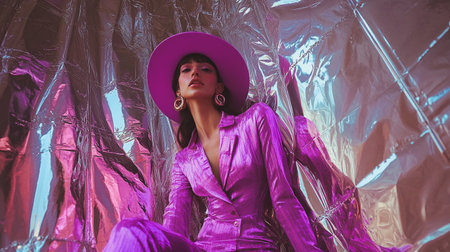 Stylish glamor brunette girl, young woman in pink suit and hat poses against foil silver walls. High fashion. Luxurious, extraordinary dressing.の素材