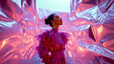 Stylish glamor brunette girl, young woman in fuchsia suit and hat poses against foil pink walls. High fashion. Luxurious, extraordinary dressing.の素材