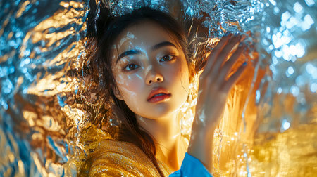 Stylish glamor brunette Asian girl, young woman in blue dress poses against foil silver wall. High fashion people. Luxurious, extraordinary dressing.の素材