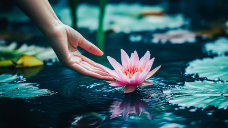 A woman's hand gently lowering delicate pink lotus flower to the surface of the water in a pond, river. Blossoming spring nature. Tranquility, harmonyの素材