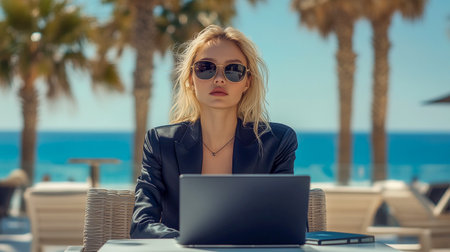 A young beautiful blonde woman with poker-face in a black business suit sits on cafe terrace at a resort and works on laptop computer. Work And Travelの素材