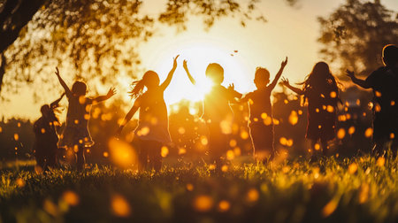 Silhouettes of happy people in a spring meadow in a clearing flooded with warm sunlight. A crowd, family, group of children recreation outdoors.の素材