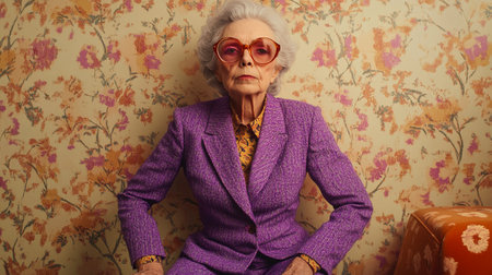 An elderly woman dressed in 60s style purple tweed suit with colorful round glasses against the wall with patterned floral print. Surreal portrait.の素材