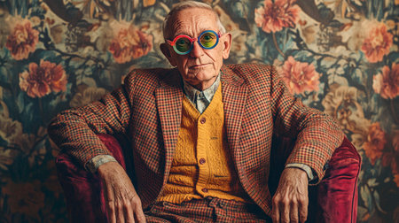 An elderly man dressed in 60s style tweed suit with colorful round glasses sitting against the wall with patterned floral print Surreal male portraitの素材