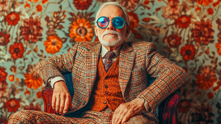 An elderly man dressed in 60s style tweed suit with colorful round glasses sitting against the wall with patterned floral print Surreal male portraitの素材