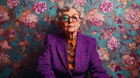 An elderly woman dressed in 60s style purple tweed suit with colorful round glasses against the wall with patterned floral print. Surreal portrait.の素材