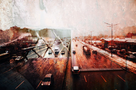 Urban road with cars traffic with double exposure in red and brown colors. The automobiles and trucks in motion on a highway. Toned vintage poster.の写真素材