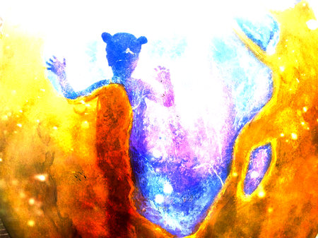 Silhouette of a little girl in space. Watercolor artistic image of a kid, child on colorful world map background in yellow and purple Global warmingの写真素材