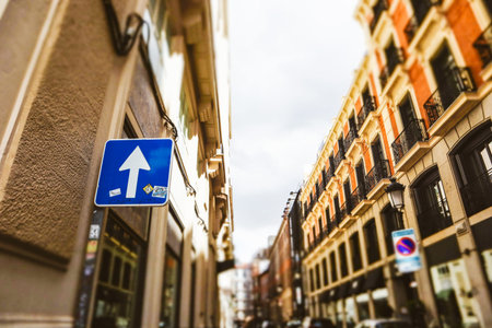 A rectangular sign with a white arrow on a city street indicates forward movement. European...