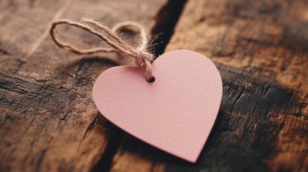 Eco-friendly pale pink kraft paper tag in the form of a heart with a string for labeling products or gifts for Saint Valentineの素材