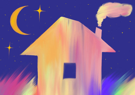 A house with one window and a chimney with smoke on the background of night blue starry sky with a young moon. Steppe with colorful grass. Sweet homeの写真素材