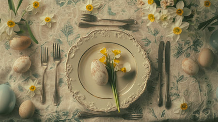Overhead view of vintage table setting with narcissus flowers and eggs top view. Eating utensils. Springtime holidays festive decor. Rustic kitchen.の素材