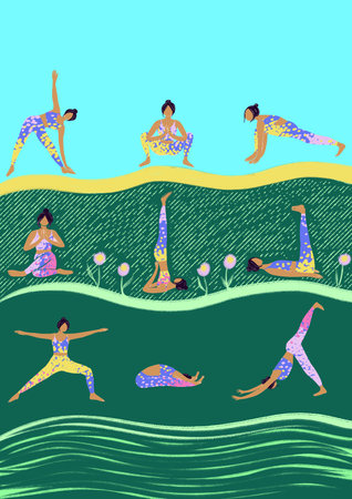 A young girl does yoga in nature doing different asanas. The concept of unity of human and nature. Healthy lifestyle and sport. Body balance practice.の写真素材