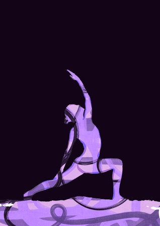 Woman standing in asana, yoga pose. Minimal aesthetic silhouette of female profile in mixed technique collage. Vertical poster with dark background.の写真素材