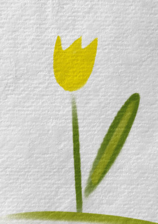 Watercolor drawing of a yellow tulip on paper. Primitive children's drawing of a spring flower in full bloom. Bulb plant. Vertical floral backdrop.の写真素材