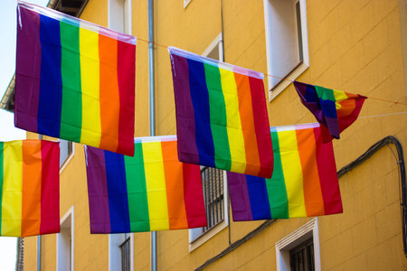 Colorful rainbow flags are strung across a street, decorating the city for celebrating the pride...