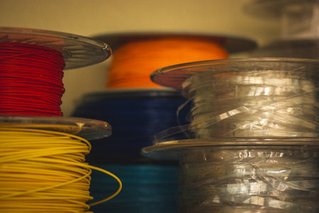 Colorful 3d printing filament spools are stacked, showing vibrant reds, oranges, yellows, blues....