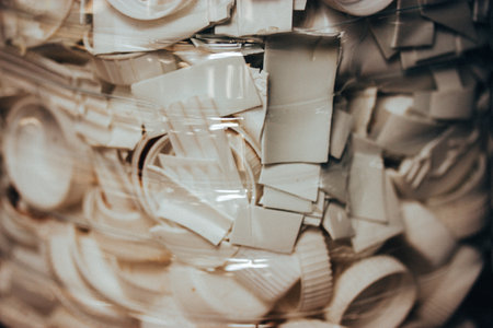 A close-up view of a collection of white bottle caps in a plastic container, plastic parts. White bottle caps, revealing details of the plastic.の写真素材