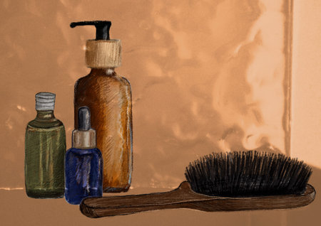 A beautiful still life composition featuring skincare bottles and a wooden brush, perfect for beauty and wellness themes. Home spa. Bathroom cosmeticsの写真素材