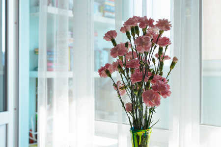 A vibrant bouquet of pink carnations sits gracefully in a vase by a sunlit window, adding a touch of elegance to the scene. Modern home interior.の写真素材