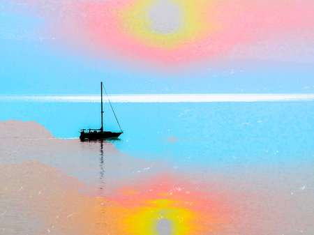 A solitary sailboat glides across sea water, reflecting a vibrant sunset's colors. A boat floats on calm water surface under a colorful, dreamy sky.の写真素材
