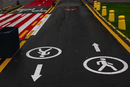 A designated pedestrian and bicycle path is marked with signs and lines for safety on the road. The markings and directional signs on the asphalt.の写真素材