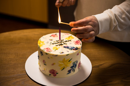 A hand is lighting a candle on a cake decorated with lovely floral designs, ready to enjoy. A hand lights a candle on a beautifully birthday cake. A festive cake is adorned with floral decorations.の写真素材
