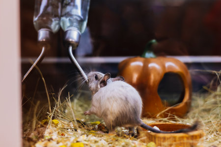 A curious degu drinking water from a metal dispenser. The small rodent lifestyle in its natural habitat.の写真素材